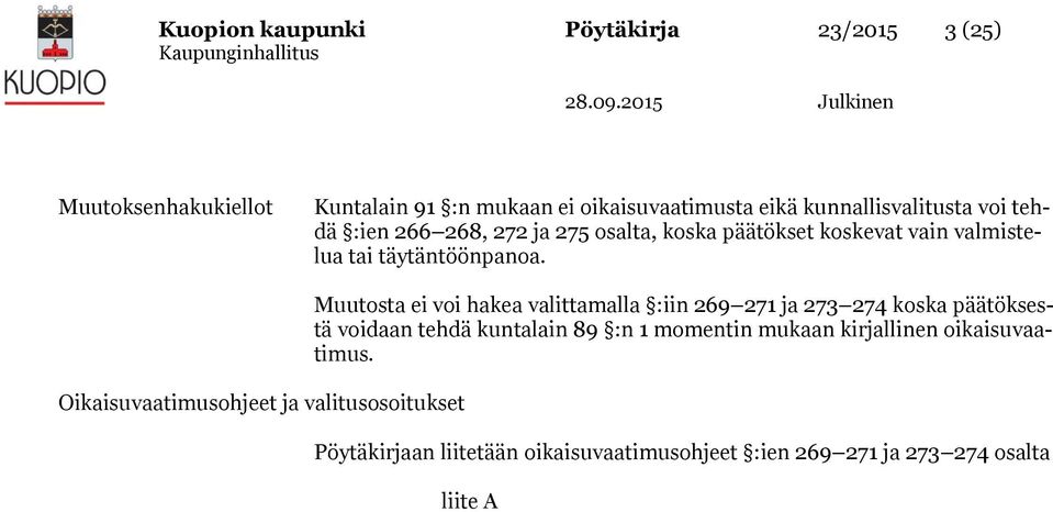 Oikaisuvaatimusohjeet ja valitusosoitukset Muutosta ei voi hakea valittamalla :iin 269 271 ja 273 274 koska päätöksestä voidaan