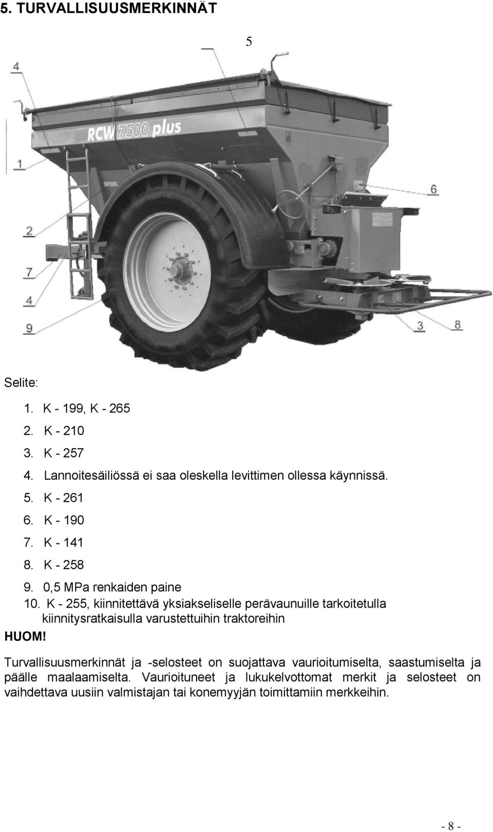 K - 255, kiinnitettävä yksiakseliselle perävaunuille tarkoitetulla kiinnitysratkaisulla varustettuihin traktoreihin HUOM!