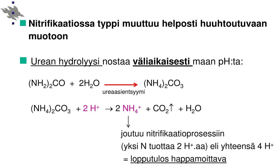 ureaasientsyymi (NH 4 ) 2 CO 3 + 2 H + 2 NH 4 + + CO 2 + H 2 O joutuu