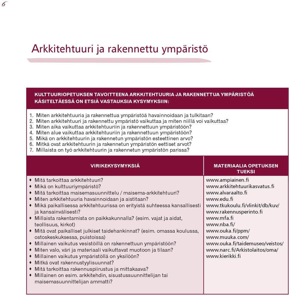 Miten aika vaikuttaa arkkitehtuuriin ja rakennettuun ympäristöön? 4. Miten alue vaikuttaa arkkitehtuuriin ja rakennettuun ympäristöön? 5.