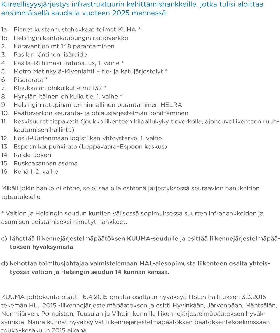 Metro Matinkylä Kivenlahti + tie- ja katujärjestelyt * 6. Pisararata * 7. Klaukkalan ohikulkutie mt 132 * 8. Hyrylän itäinen ohikulkutie, 1. vaihe * 9.