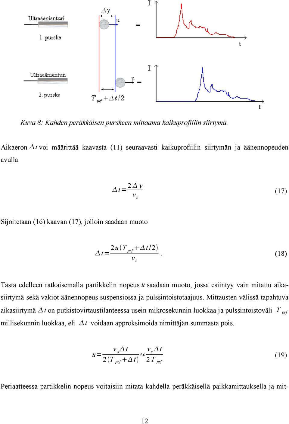 (18) v s Tästä edelleen ratkaisemalla partikkelin nopeus u saadaan muoto, jossa esiintyy vain mitattu aikasiirtymä sekä vakiot äänennopeus suspensiossa ja pulssintoistotaajuus.