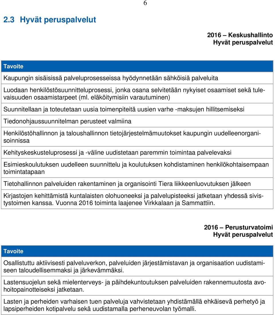 eläköitymisiin varautuminen) Suunnitellaan ja toteutetaan uusia toimenpiteitä uusien varhe -maksujen hillitsemiseksi Tiedonohjaussuunnitelman perusteet valmiina Henkilöstöhallinnon ja taloushallinnon