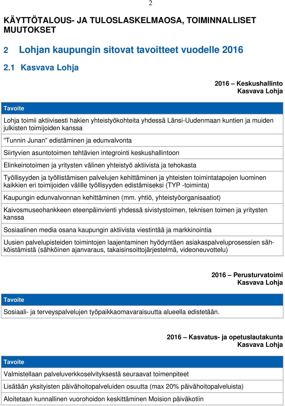 edistäminen ja edunvalvonta Siirtyvien asuntotoimen tehtävien integrointi keskushallintoon Elinkeinotoimen ja yritysten välinen yhteistyö aktiivista ja tehokasta Työllisyyden ja työllistämisen