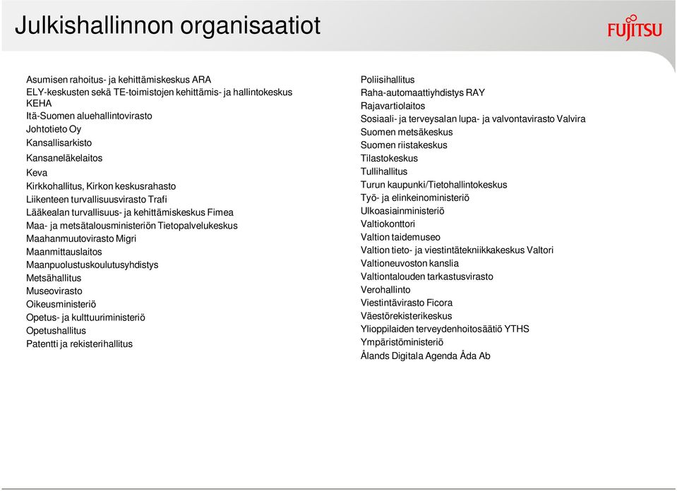 Tietopalvelukeskus Maahanmuutovirasto Migri Maanmittauslaitos Maanpuolustuskoulutusyhdistys Metsähallitus Museovirasto Oikeusministeriö Opetus- ja kulttuuriministeriö Opetushallitus Patentti ja