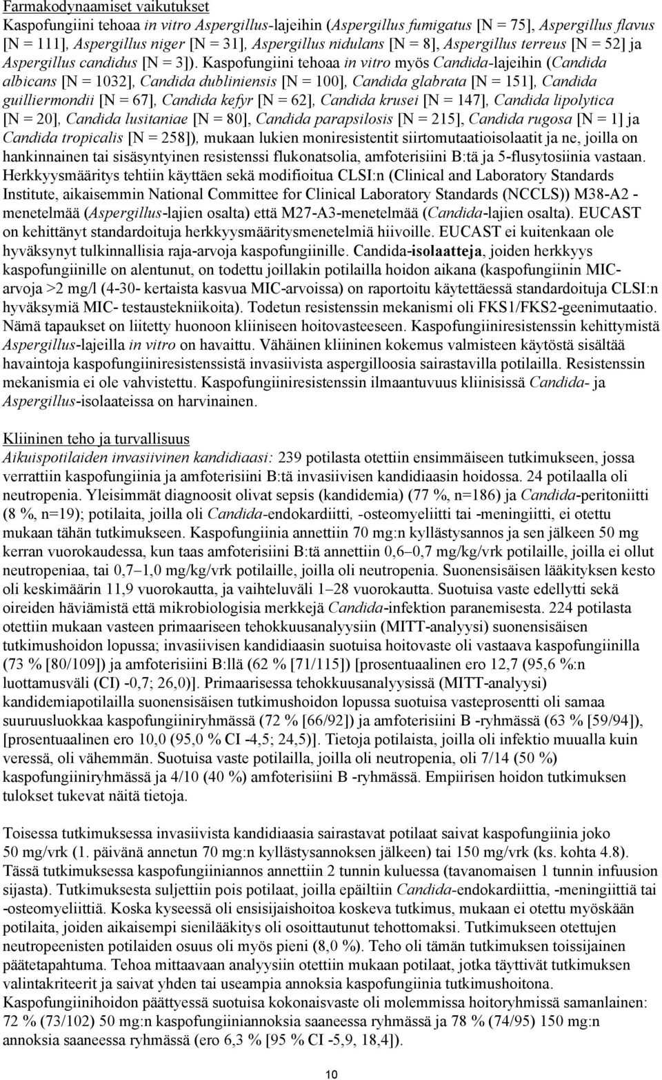 Kaspofungiini tehoaa in vitro myös Candida-lajeihin (Candida albicans [N = 1032], Candida dubliniensis [N = 100], Candida glabrata [N = 151], Candida guilliermondii [N = 67], Candida kefyr [N = 62],