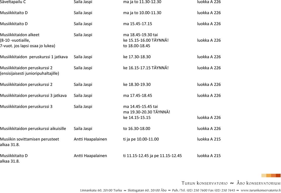 45 Musiikkitaidon peruskurssi 1 jatkava Saila Jaspi ke 17.30-18.30 luokka A 226 Musiikkitaidon peruskurssi 2 Saila Jaspi ke 16.15-17.15 TÄYNNÄ!