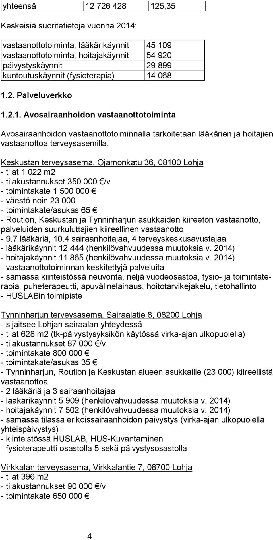 Keskustan terveysasema, Ojamonkatu 36, 08100 Lohja - tilat 1 022 m2 - tilakustannukset 350 000 /v - toimintakate 1 500 000 - väestö noin 23 000 - toimintakate/asukas 65 - Roution, Keskustan ja