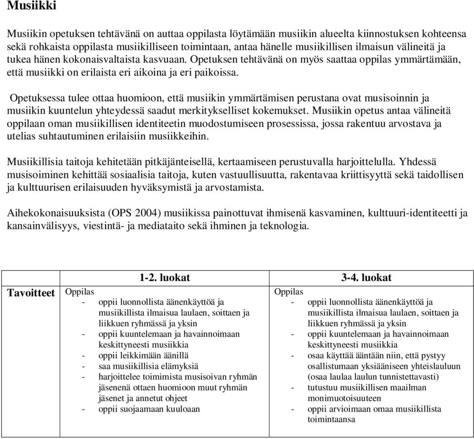Opetuksessa tulee ottaa huomioon, että musiikin ymmärtämisen perustana ovat musisoinnin ja musiikin kuuntelun yhteydessä saadut merkitykselliset kokemukset.
