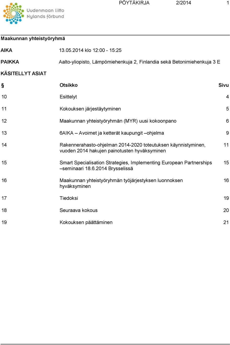 järjestäytyminen 5 12 Maakunnan yhteistyöryhmän (MYR) uusi kokoonpano 6 13 6AIKA Avoimet ja ketterät kaupungit ohjelma 9 14 Rakennerahasto-ohjelman 2014-2020 toteutuksen