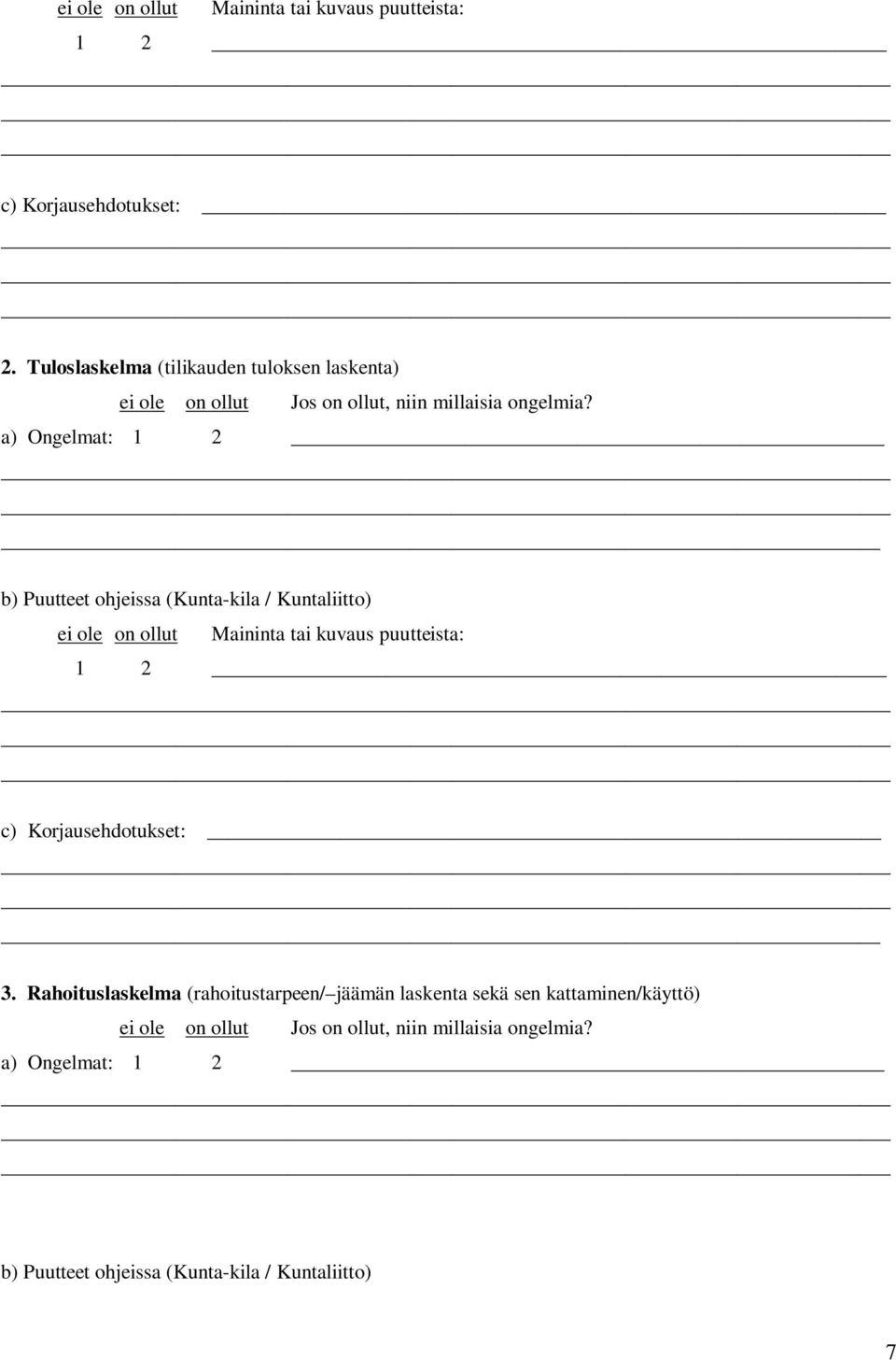 a) Ongelmat: 1 2 b) Puutteet ohjeissa (Kunta-kila / Kuntaliitto) ei ole on ollut Maininta tai kuvaus puutteista: 1 2 c)