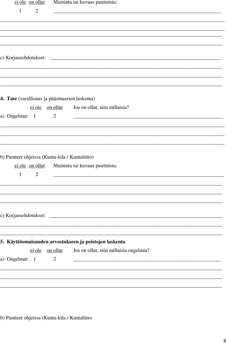 a) Ongelmat: 1 2 b) Puutteet ohjeissa (Kunta-kila / Kuntaliitto) ei ole on ollut Maininta tai kuvaus puutteista: 1 2 c)