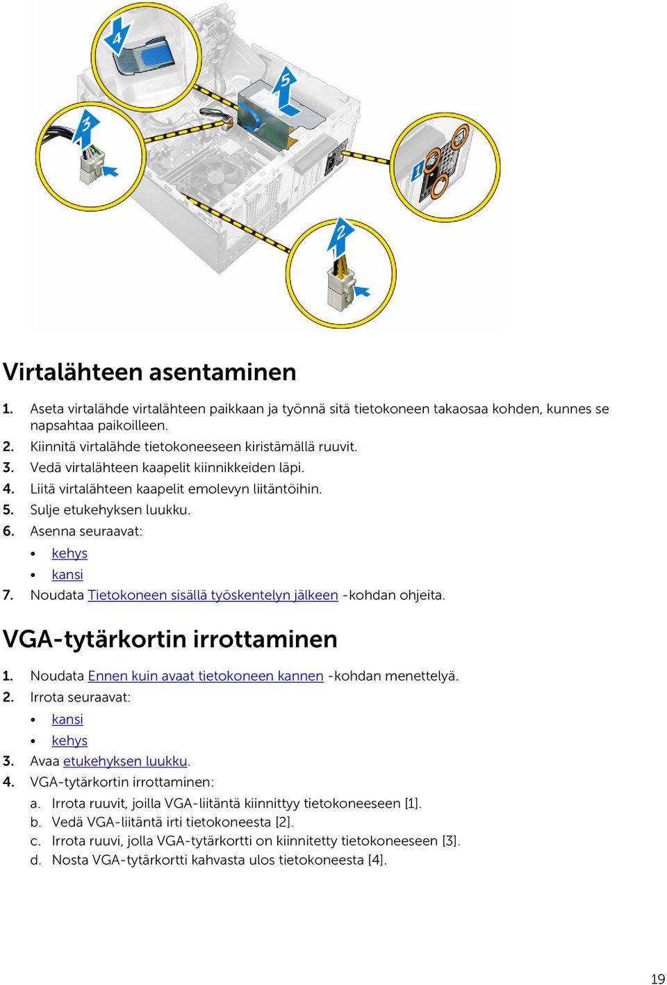 Asenna seuraavat: 7. Noudata Tietokoneen sisällä työskentelyn jälkeen -kohdan ohjeita. VGA-tytärkortin irrottaminen 1. Noudata Ennen kuin avaat tietokoneen kannen -kohdan menettelyä. 2.