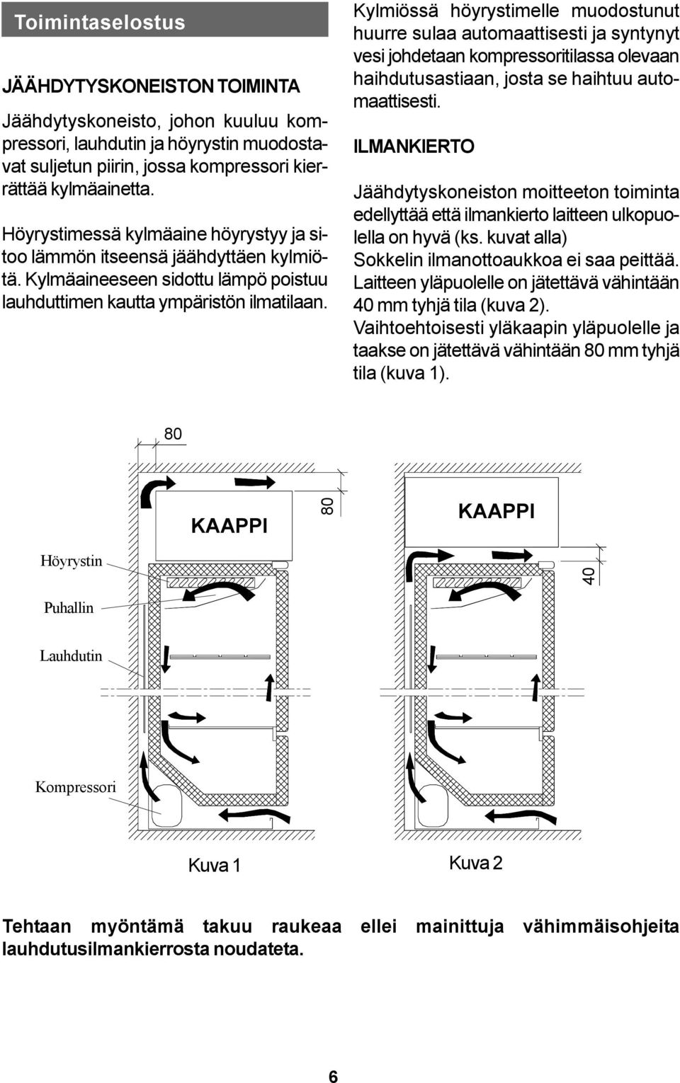 Kylmiössä höyrystimelle muodostunut huurre sulaa automaattisesti ja syntynyt vesi johdetaan kompressoritilassa olevaan haihdutusastiaan, josta se haihtuu automaattisesti.