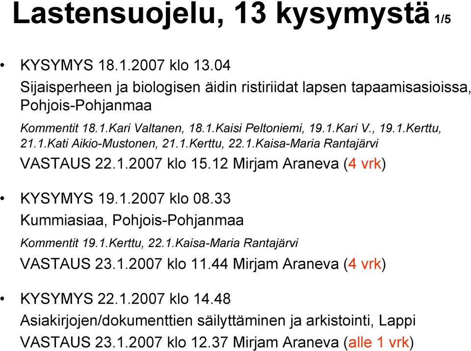 12 Mirjam Araneva (4 vrk) KYSYMYS 19.1.2007 klo 08.33 Kummiasiaa, Pohjois-Pohjanmaa Kommentit 19.1.Kerttu, 22.1.Kaisa-Maria Rantajärvi VASTAUS 23.1.2007 klo 11.