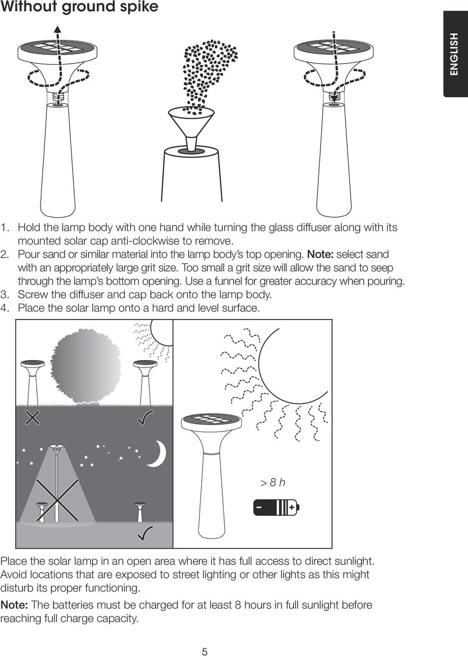 Too small a grit size will allow the sand to seep through the lamp s bottom opening. Use a funnel for greater accuracy when pouring. 3. Screw the diffuser and cap back onto the lamp body. 4.