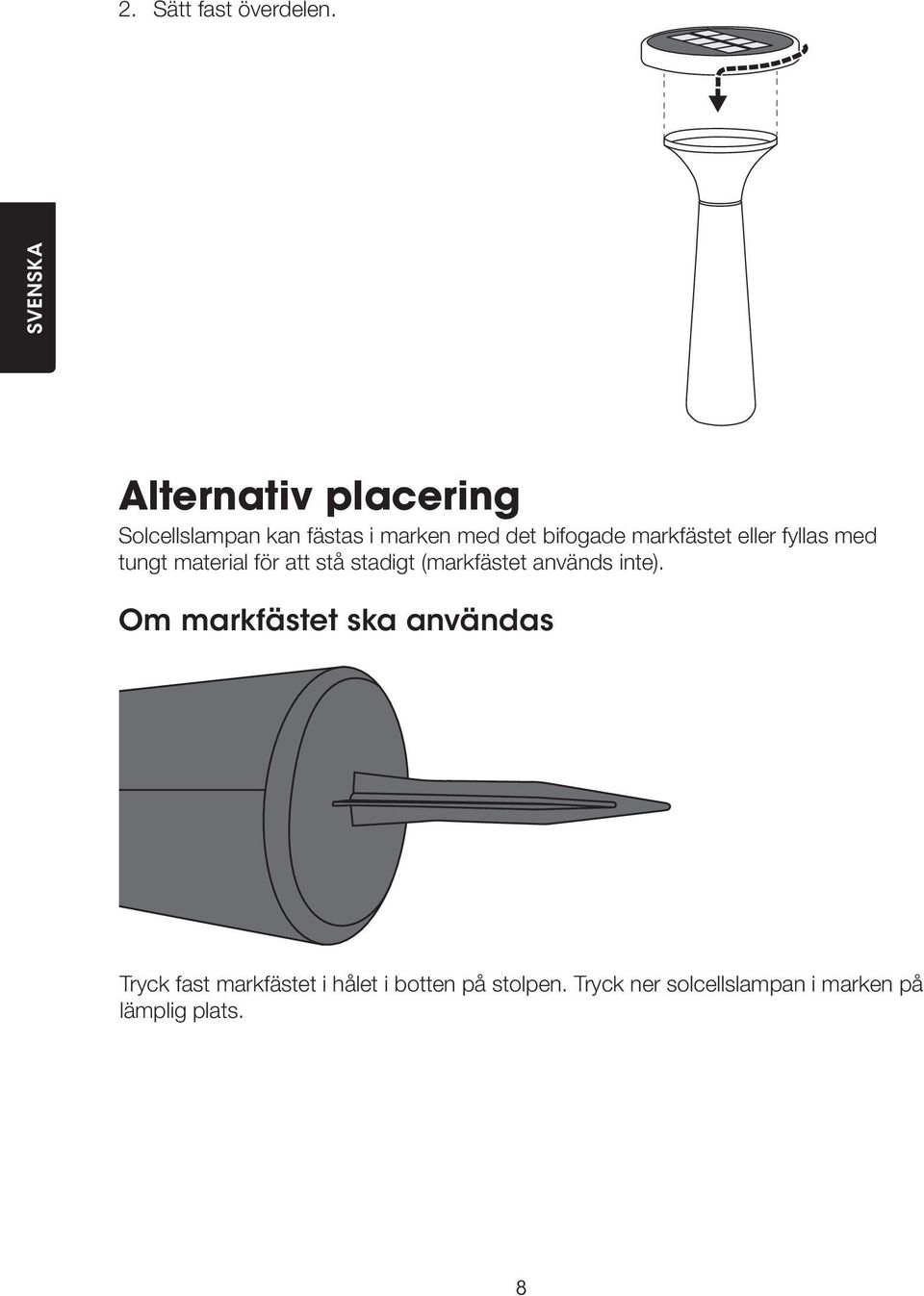 markfästet eller fyllas med tungt material för att stå stadigt (markfästet