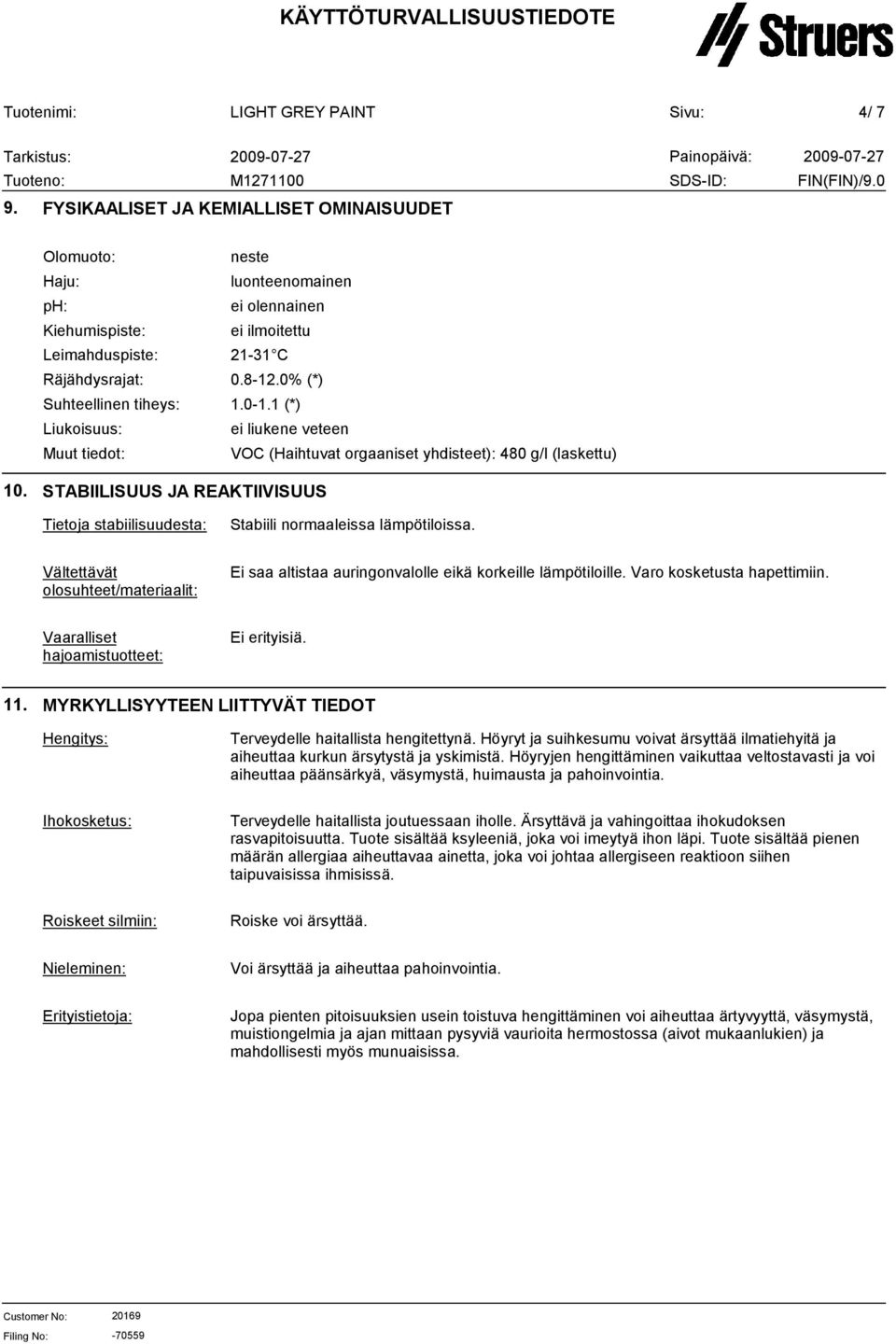 ilmoitettu 211 C 0.812.0% (*) 1.01.1 (*) ei liukene veteen VOC (Haihtuvat orgaaniset yhdisteet): 480 g/l (laskettu) 10.