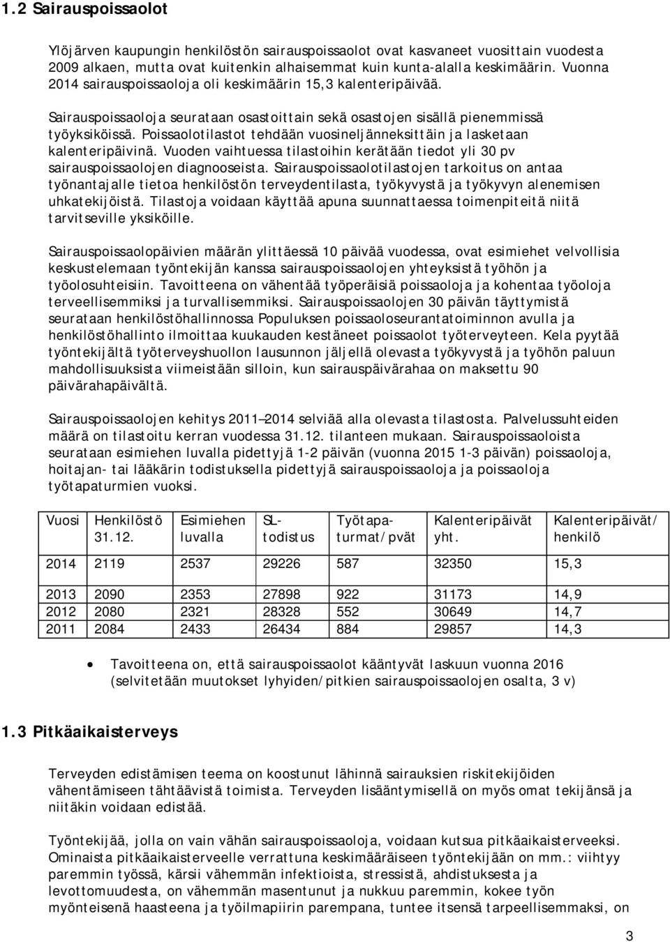 Poissaolotilastot tehdään vuosineljänneksittäin ja lasketaan kalenteripäivinä. Vuoden vaihtuessa tilastoihin kerätään tiedot yli 30 pv sairauspoissaolojen diagnooseista.