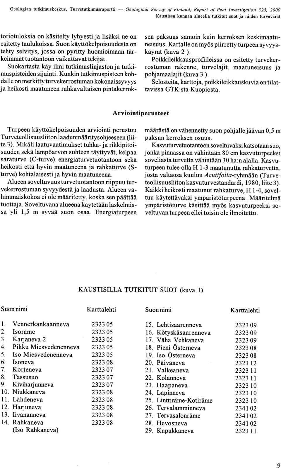 ja heikosti maatuneen rahkavaltaisen pintakerrok- sen paksuus samoin kuin kerroksen keskimaatuneisuus Kartalle on myös piirretty turpeen syvyyskäyrät (kuva 2 ) Poikkileikkausprofiileissa on esitetty