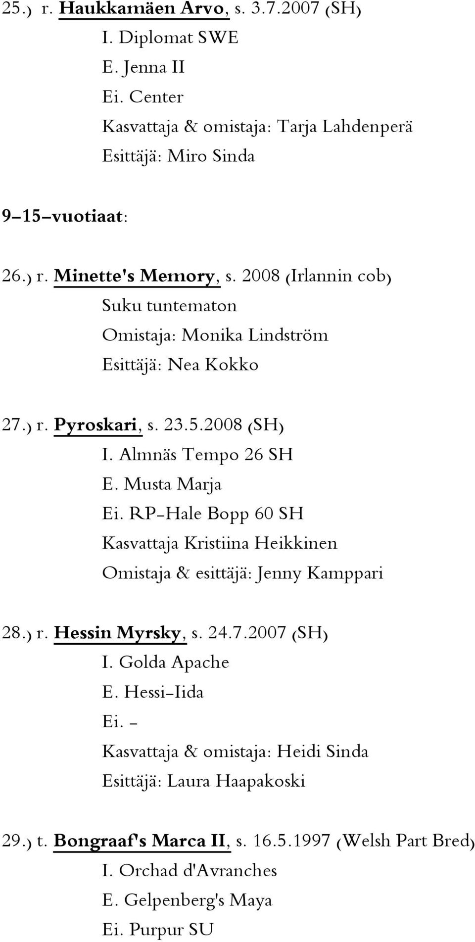 RP-Hale Bopp 60 SH Kasvattaja Kristiina Heikkinen Omistaja & esittäjä: Jenny Kamppari 28.) r. Hessin Myrsky, s. 24.7.2007 (SH) I. Golda Apache E. Hessi-Iida Ei.