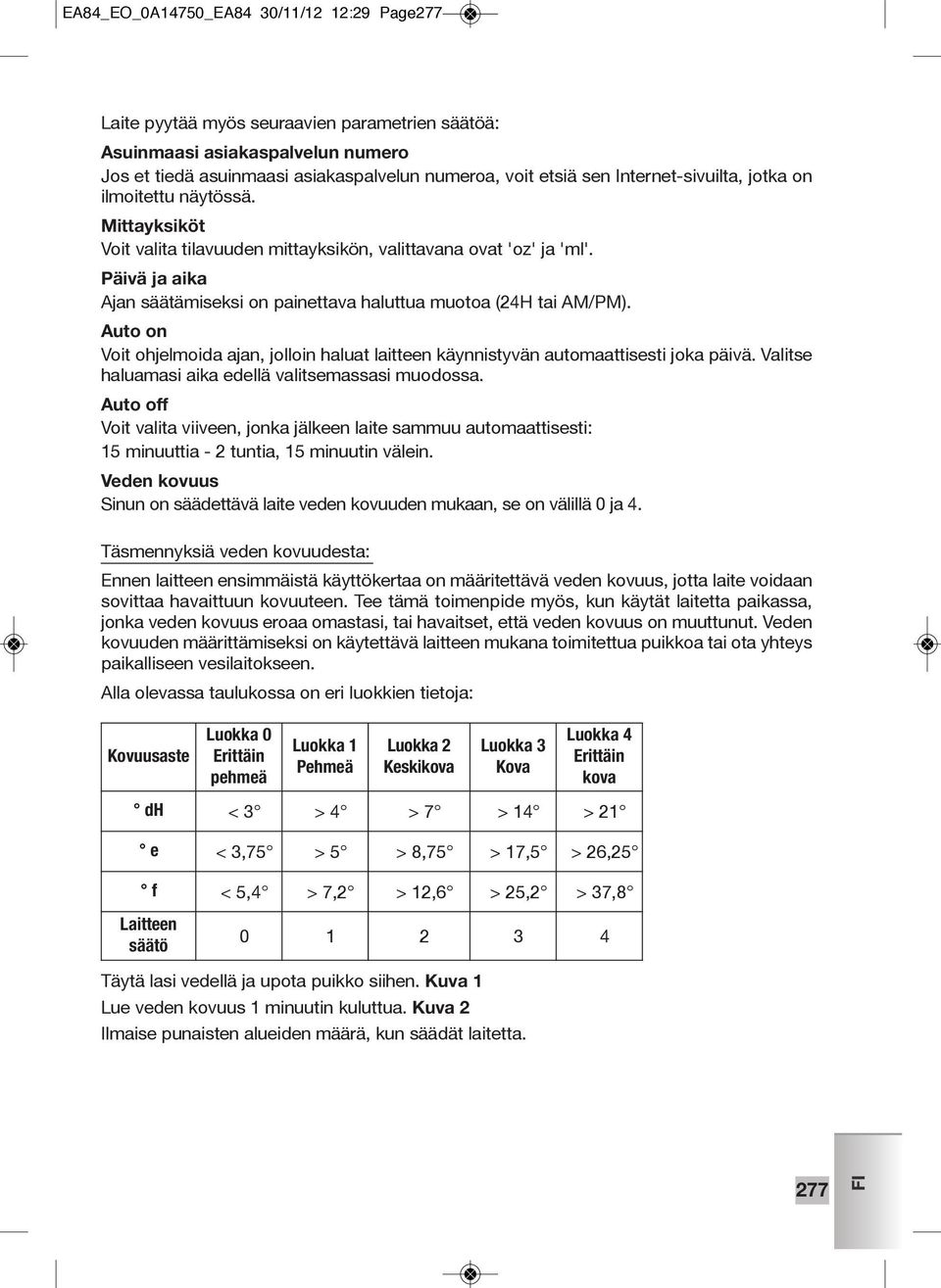 Päivä ja aika Ajan säätämiseksi on painettava haluttua muotoa (24H tai AM/PM). Auto on Voit ohjelmoida ajan, jolloin haluat laitteen käynnistyvän automaattisesti joka päivä.