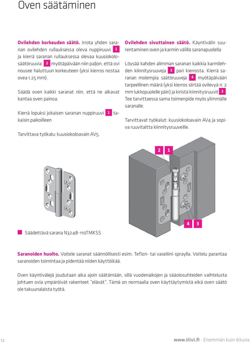 kierros nostaa ovea 1.25 mm). Säädä oven kaikki saranat niin, että ne alkavat kantaa oven painoa.