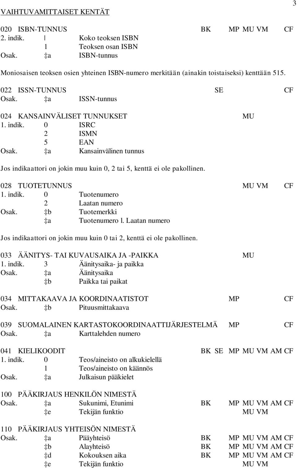 0 ISRC 2 ISMN 5 EAN Osak. a Kansainvälinen tunnus Jos indikaattori on jokin muu kuin 0, 2 tai 5, kenttä ei ole pakollinen. 028 TUOTETUNNUS MU VM CF 1. indik. 0 Tuotenumero 2 Laatan numero Osak.