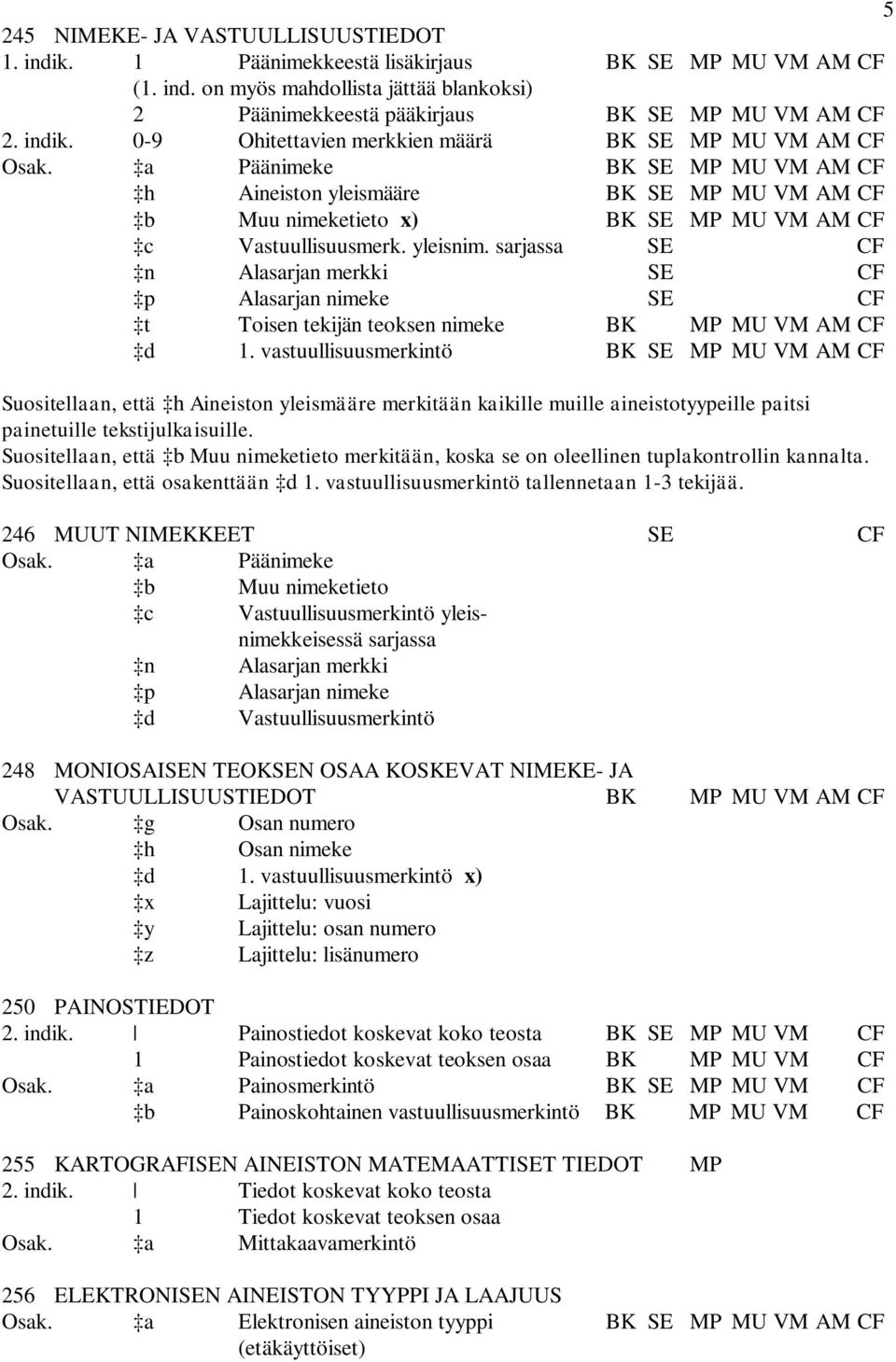 a Päänimeke BK SE MP MU VM AM CF h Aineiston yleismääre BK SE MP MU VM AM CF b Muu nimeketieto x) BK SE MP MU VM AM CF c Vastuullisuusmerk. yleisnim.