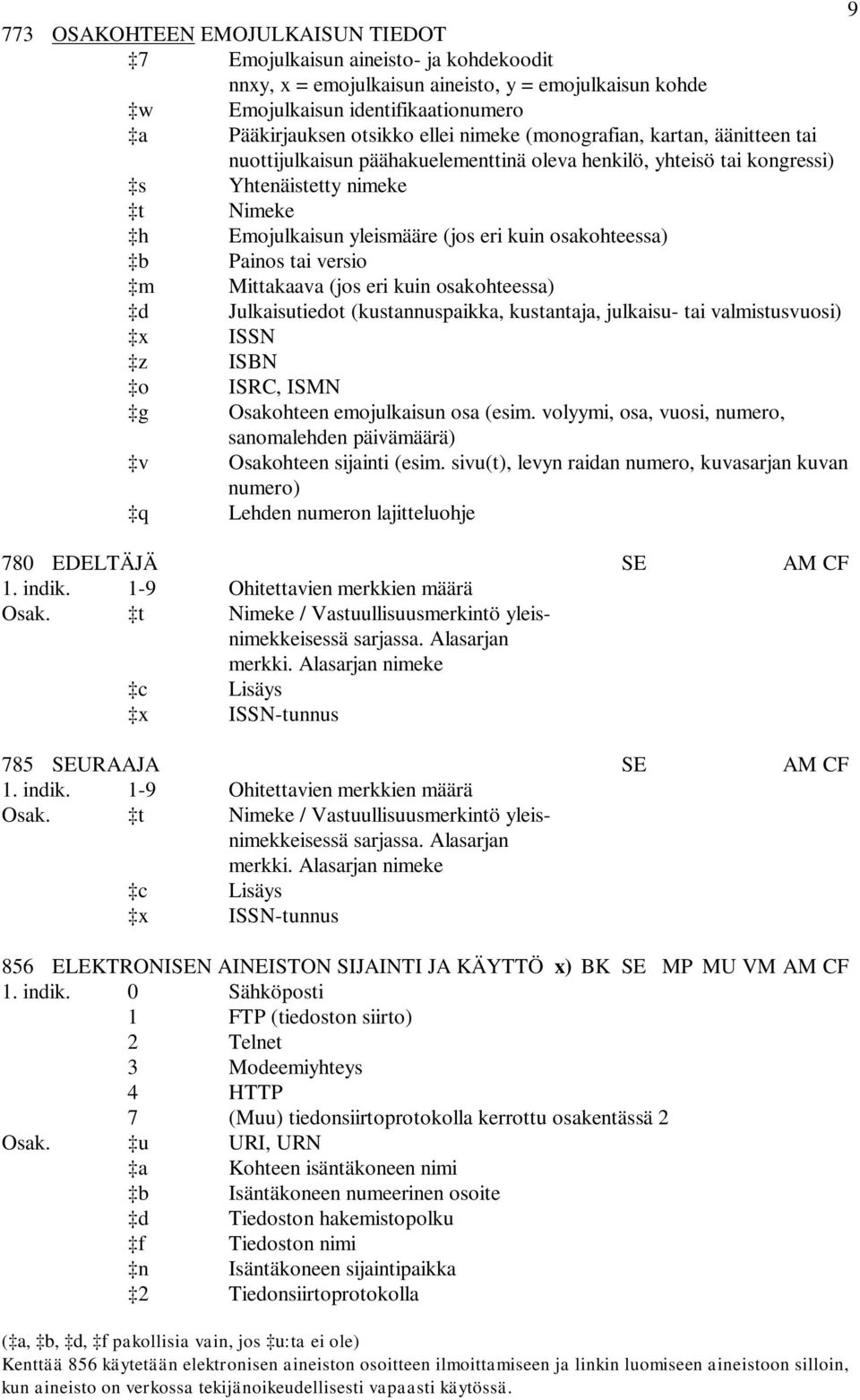 osakohteessa) b Painos tai versio m Mittakaava (jos eri kuin osakohteessa) d Julkaisutiedot (kustannuspaikka, kustantaja, julkaisu- tai valmistusvuosi) x ISSN z ISBN o ISRC, ISMN g Osakohteen