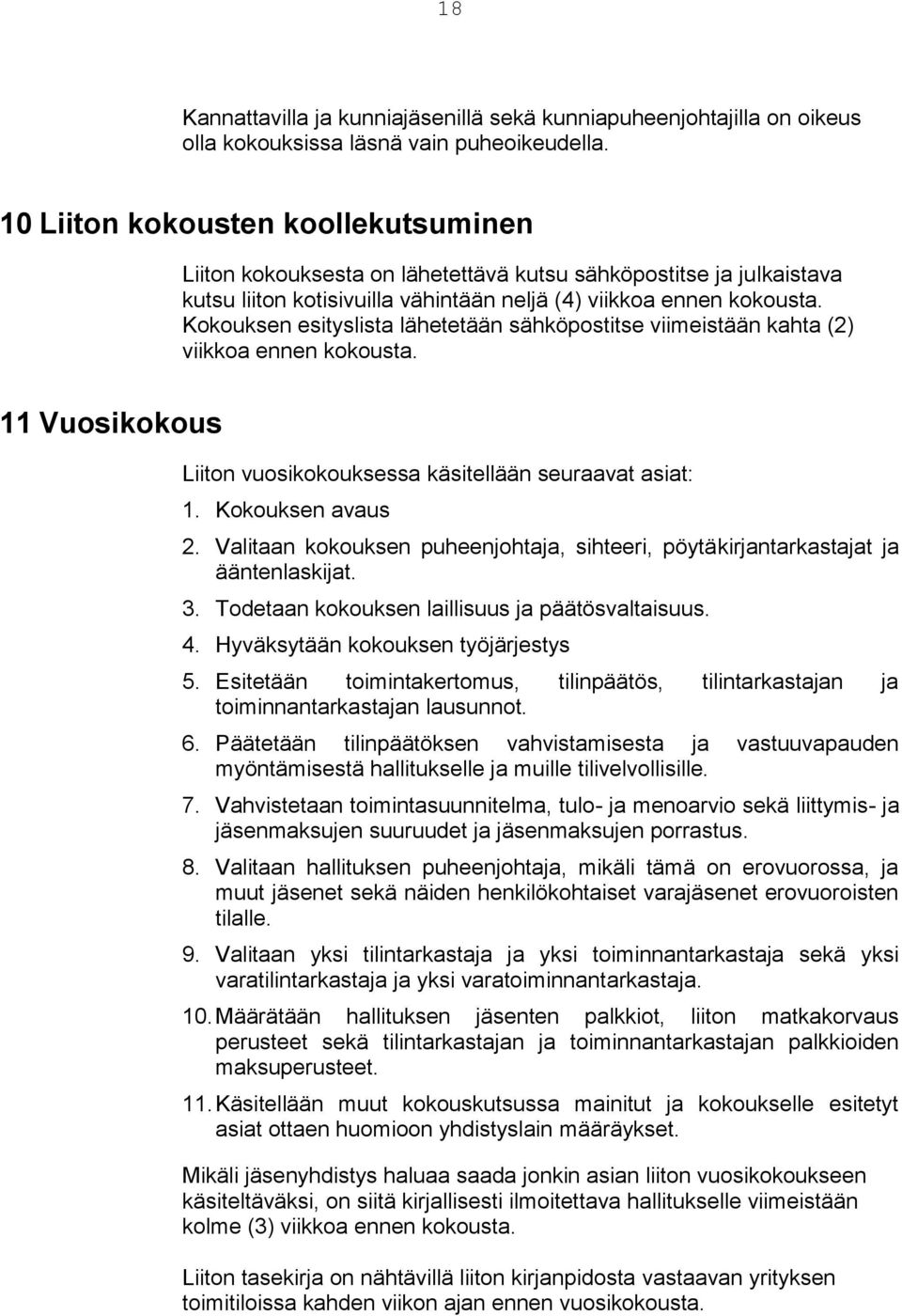 Kokouksen esityslista lähetetään sähköpostitse viimeistään kahta (2) viikkoa ennen kokousta. 11 Vuosikokous Liiton vuosikokouksessa käsitellään seuraavat asiat: 1. Kokouksen avaus 2.