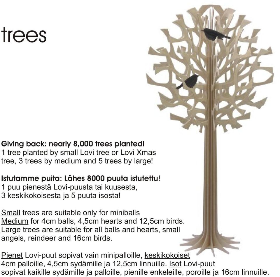 Small trees are suitable only for miniballs Medium for 4cm balls, 4,5cm hearts and 12,5cm birds.