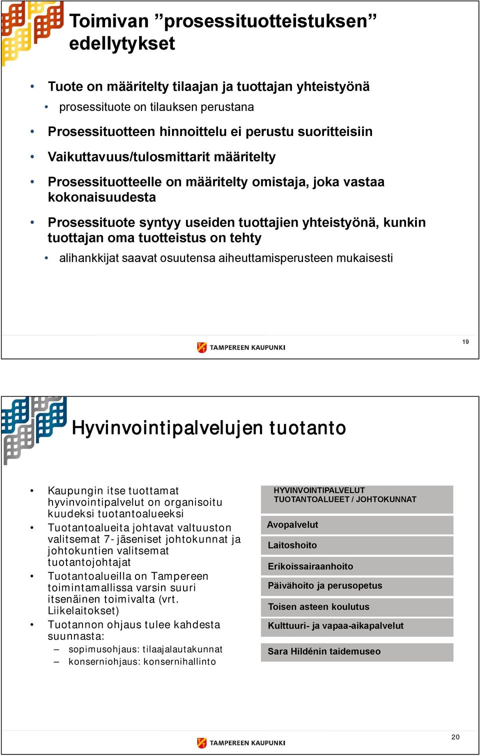 tehty alihankkijat saavat osuutensa aiheuttamisperusteen mukaisesti 19 Hyvinvointipalvelujen tuotanto Kaupungin itse tuottamat hyvinvointipalvelut on organisoitu kuudeksi tuotantoalueeksi