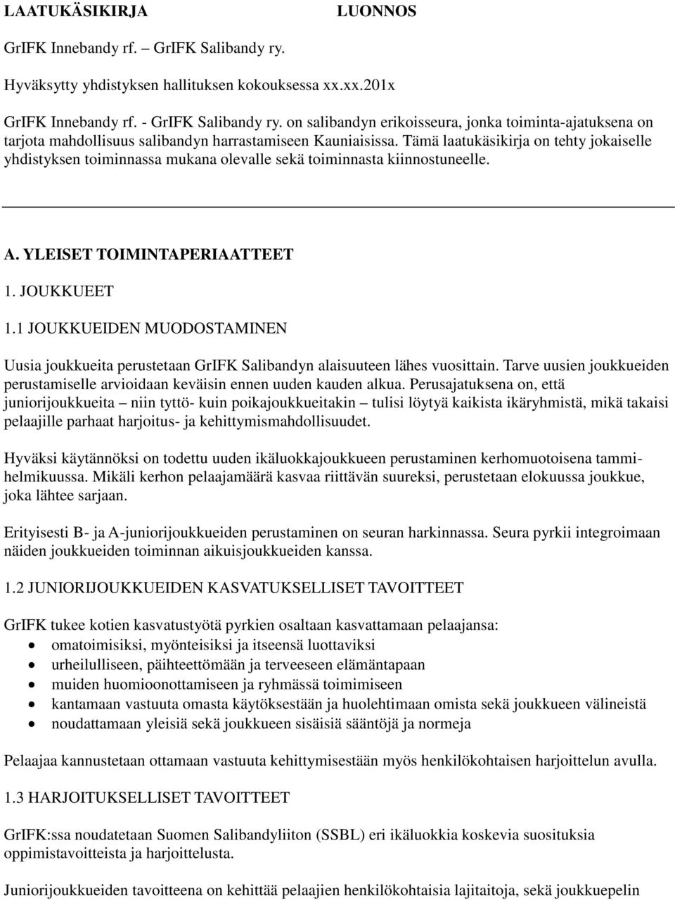 Tämä laatukäsikirja on tehty jokaiselle yhdistyksen toiminnassa mukana olevalle sekä toiminnasta kiinnostuneelle. A. YLEISET TOIMINTAPERIAATTEET 1. JOUKKUEET 1.