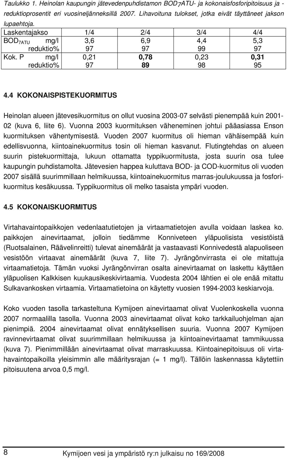 4 KOKONAISPISTEKUORMITUS Heinolan alueen jätevesikuormitus on ollut vuosina 23-7 selvästi pienempää kuin 21-2 (kuva 6, liite 6).