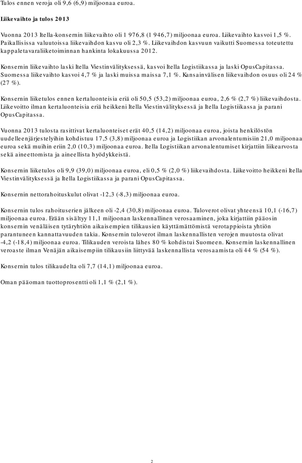 Konsernin liikevaihto laski Itella Viestinvälityksessä, kasvoi Itella Logistiikassa ja laski OpusCapitassa. Suomessa liikevaihto kasvoi 4,7 % ja laski muissa maissa 7,1 %.