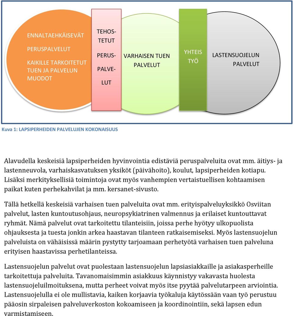 äitiys- ja lastenneuvola, varhaiskasvatuksen yksiköt (päivähoito), koulut, lapsiperheiden kotiapu.