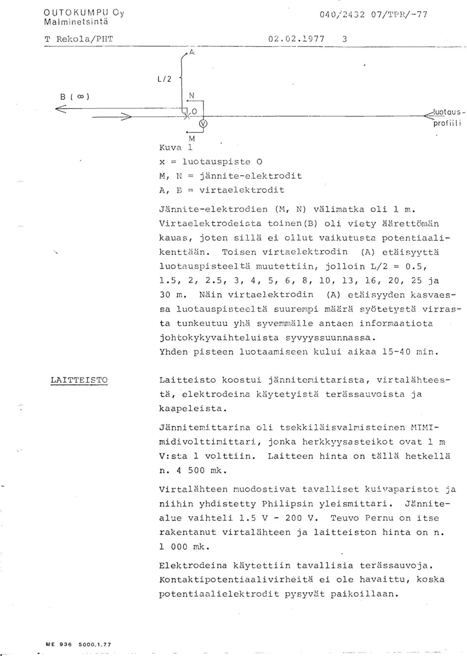 t3 muutettiin, jolloin L/2 = 0.5, 1.5, 2, 2.5, 3, 4, 5, 6, 8, 10, 13, 16f 20, 25 ja 30 K. Näin virtaelektrodin (A) etaisyyden kasvaes- sa luotauspisteelta su.