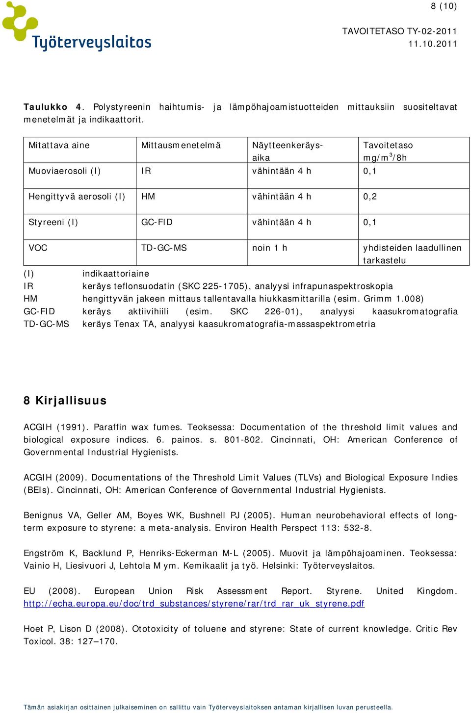 TD-GC-MS noin 1 h yhdisteiden laadullinen tarkastelu (I) indikaattoriaine IR keräys teflonsuodatin (SKC 225-1705), analyysi infrapunaspektroskopia HM hengittyvän jakeen mittaus tallentavalla