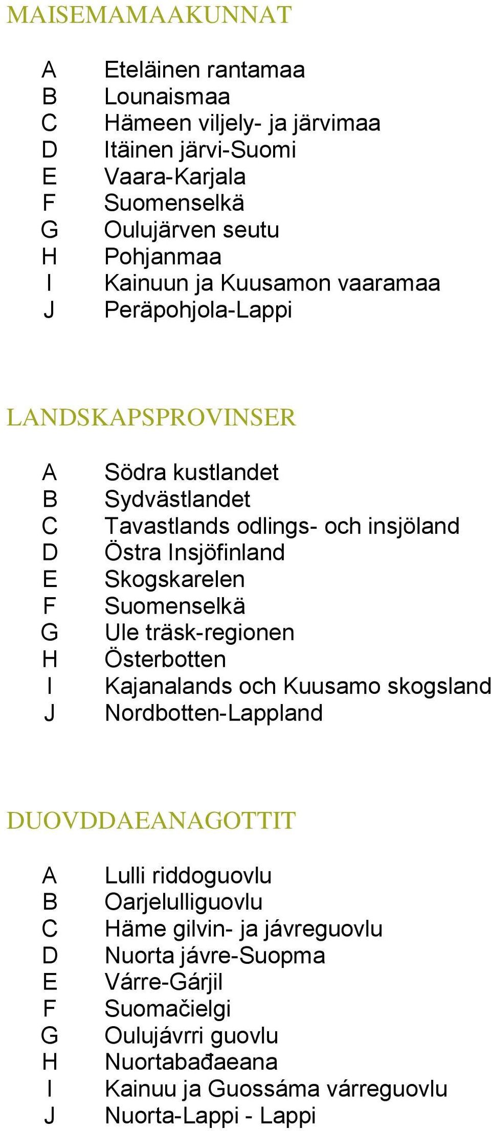 Insjöfinland Skogskarelen Suomenselkä Ule träsk-regionen Österbotten Kajanalands och Kuusamo skogsland Nordbotten-Lappland DUOVDDAEANAGOTTIT A B C D E F G H I J Lulli