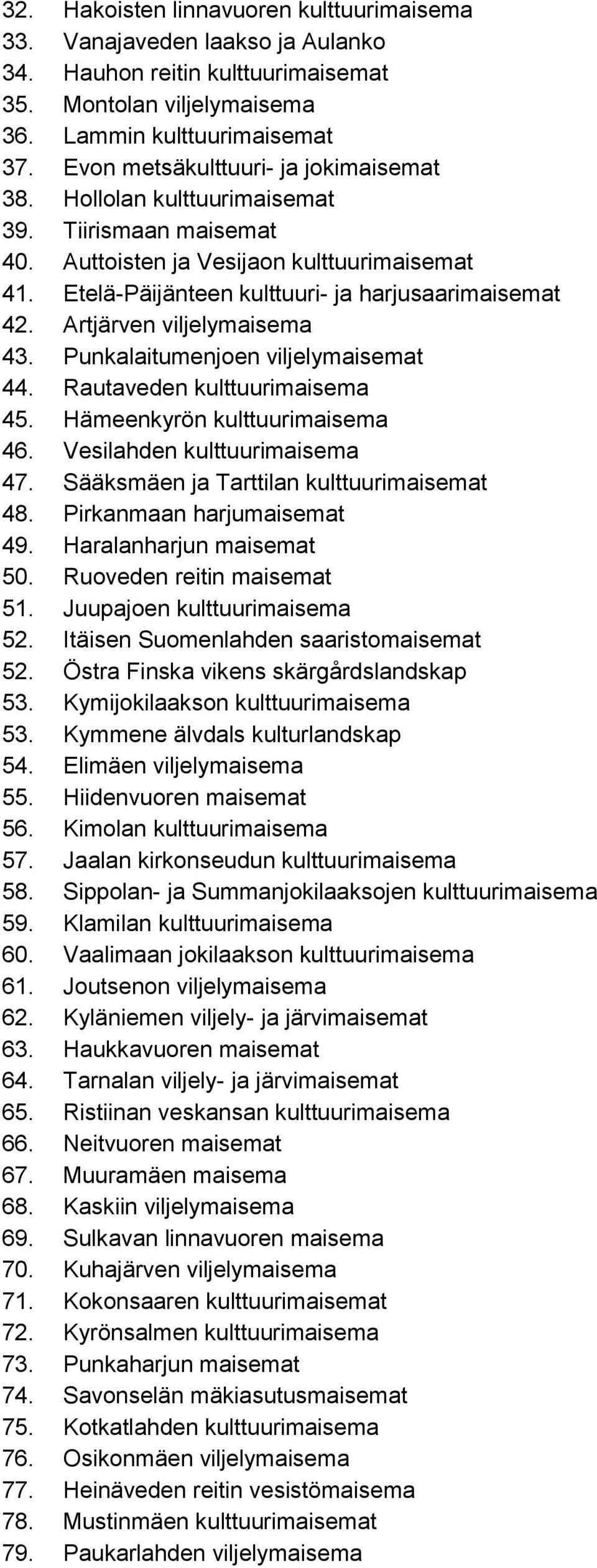 Artjärven viljelymaisema 43. Punkalaitumenjoen viljelymaisemat 44. Rautaveden kulttuurimaisema 45. Hämeenkyrön kulttuurimaisema 46. Vesilahden kulttuurimaisema 47.