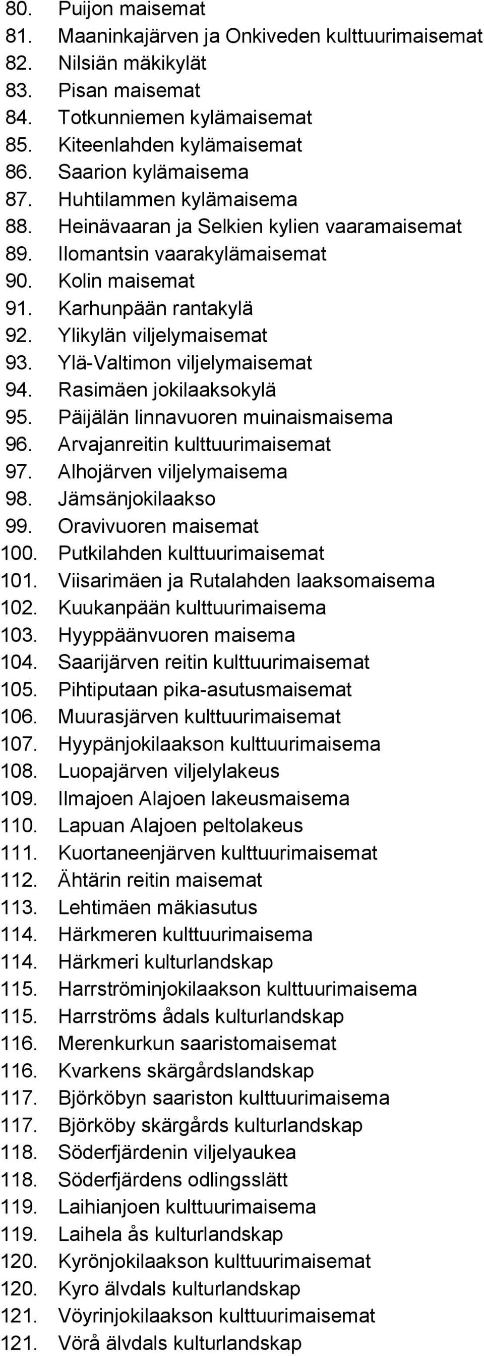 Ylä-Valtimon viljelymaisemat 94. Rasimäen jokilaaksokylä 95. Päijälän linnavuoren muinaismaisema 96. Arvajanreitin kulttuurimaisemat 97. Alhojärven viljelymaisema 98. Jämsänjokilaakso 99.