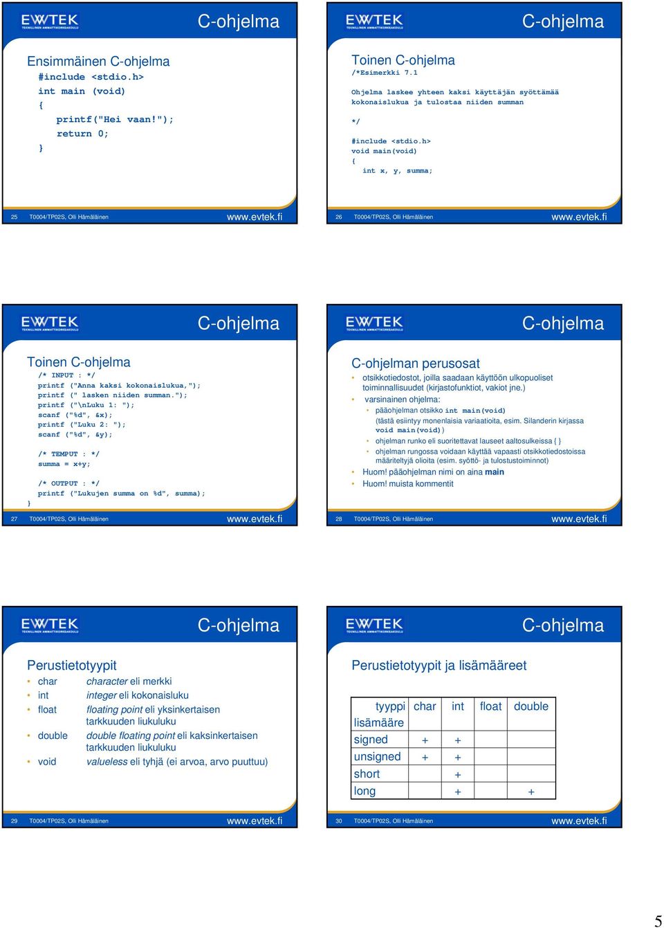 fi 26 T0004/TP02S, Olli Hämäläinen www.evtek.fi Toinen /* INPUT : */ printf ("Anna kaksi kokonaislukua,"); printf (" lasken niiden summan.