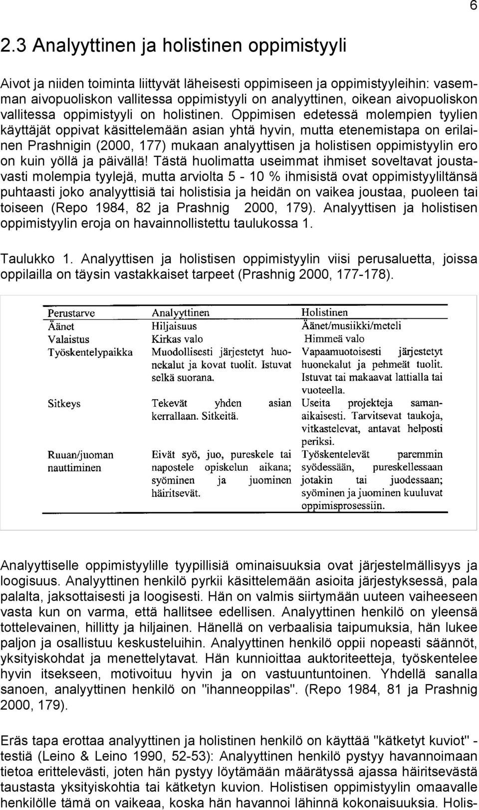 Oppimisen edetessä molempien tyylien käyttäjät oppivat käsittelemään asian yhtä hyvin, mutta etenemistapa on erilainen Prashnigin (2000, 177) mukaan analyyttisen ja holistisen oppimistyylin ero on