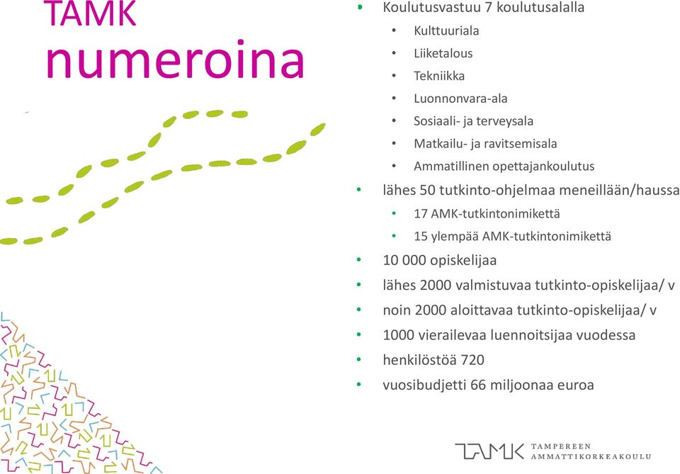 AMK-tutkintonimikettä 15 ylempää AMK-tutkintonimikettä 10 000 opiskelijaa lähes 2000 valmistuvaa tutkinto-opiskelijaa/ v