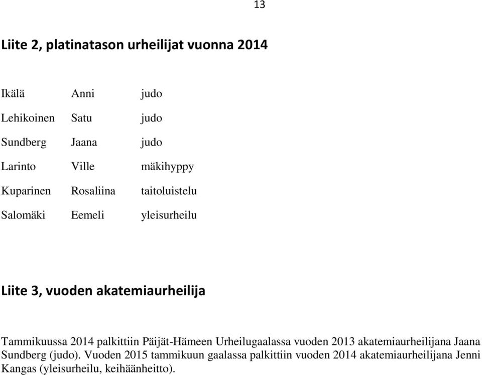 Tammikuussa 2014 palkittiin Päijät-Hämeen Urheilugaalassa vuoden 2013 akatemiaurheilijana Jaana Sundberg (judo).