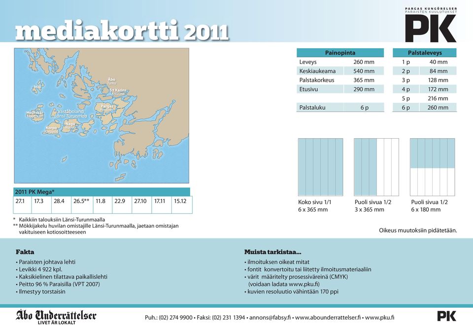 12 * Kaikkiin talouksiin Länsi-Turunmaalla ** Mökkijakelu huvilan omistajille Länsi-Turunmaalla, jaetaan omistajan vakituiseen kotiosoitteeseen Koko sivu 1/1 6 x 365 mm Puoli sivua 1/2 Puoli sivua