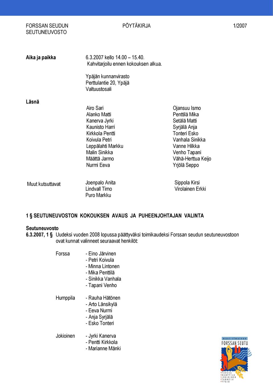 Eeva Ojansuu Ismo Penttilä Mika Setälä Matti Syrjälä Anja Tonteri Esko Vanhala Sinikka Vanne Hilkka Venho Tapani Vähä-Herttua Keijo Yrjölä Seppo Muut kutsuttavat Joenpalo Anita Lindvall Timo Puro