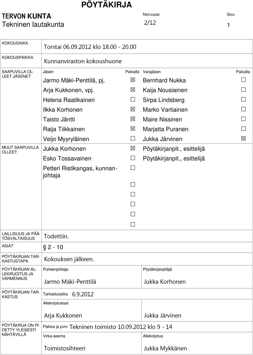 Helena Raatikainen Ilkka Korhonen Taisto Jäntti Raija Tiikkainen Veijo Myyryläinen Jukka Korhonen Esko Tossavainen Petteri Ristikangas, kunnanjohtaja Bernhard Nukka Kaija Nousiainen Sirpa Lindsberg