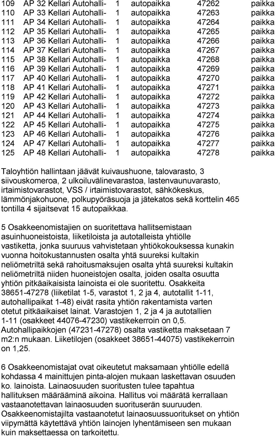 Kellari Autohalli- 1 autopaikka 47269 paikka 117 AP 40 Kellari Autohalli- 1 autopaikka 47270 paikka 118 AP 41 Kellari Autohalli- 1 autopaikka 47271 paikka 119 AP 42 Kellari Autohalli- 1 autopaikka